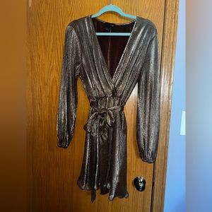 Shein Gold Self Belted Wrap Pleated Metallic Dress - Size Large (8/10)